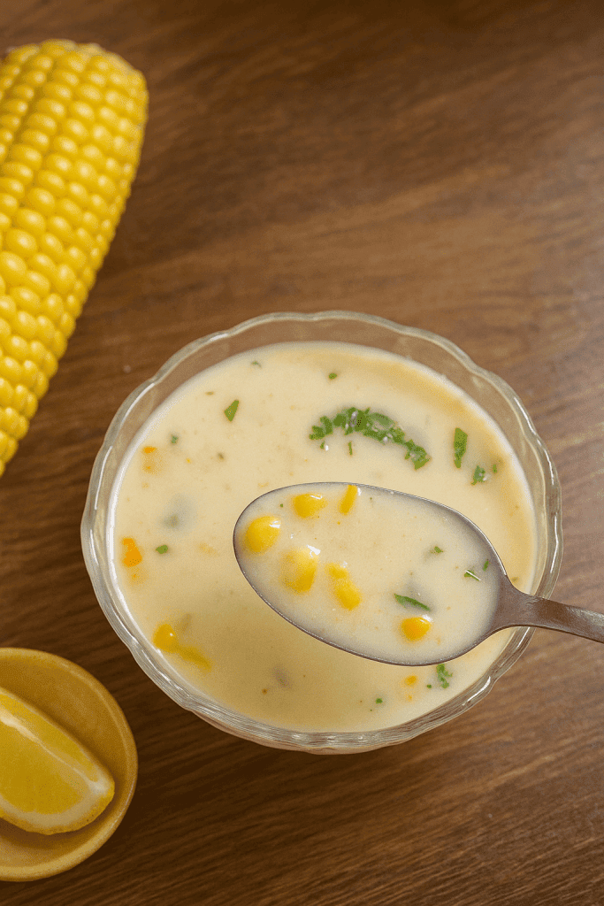 A bowl of creamy corn soup topped with fresh parsley, with visible sweet corn kernels and carrots, served with a spoon on a wooden surface beside a fresh corn cob and lemon wedges.