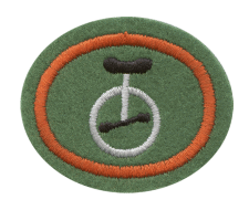 Stetiges Zentrallager-Emblem mit Fahrrad-Fahrrad Symbol, grünem Hintergrund, orange-umrissener Kreis und Nähte, ideal für Logistik- und Lagerverwaltung, hochwertige Stickerei.