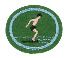 Blaue und schwarze Stickerei einer Wassersport-Emblem auf grünem Stoff, geeignet für Zentrallager und Logistik.