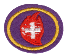 Schweizer Flaggenpatch mit Flamme und Kreis, ideal für Uniformen und Sportkleidung, hochwertig auf Stoff gestickt, vielseitig verwendbar für Vereine und Organisationen.