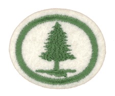 Baum-Emblem Stickerei, grüner Tannenbaum auf weißem Hintergrund, für Wald, Natur und Ausrüstung, ideal für Outdoor- oder Umweltthemen.