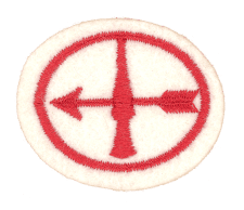 Icon mit rotem Pfeil und Richtungssymbol, Symbol für Navigation oder Wegweisung, auf weißem Hintergrund.