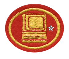 Zentrallager Abzeichen, detailliertes Emblem mit gelbem Laptop-Design auf rotem Stoff, symbolisiert Lagerverwaltung und Logistik, ideal für Firmenuniformen, Vereinskleidung und Sicherheitsdienst.