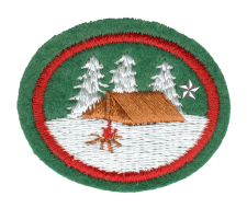 Zentrallager Advent-Verlag, Weihnachtsabzeichen mit Tannenbaum, Zelt und Schneeflocke, ideal für Lager- und Weihnachtsdekorationen.