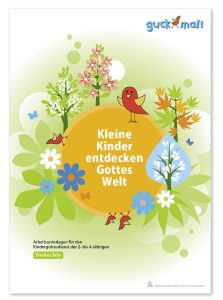 Bunte Kinderbuchgestaltung für den Kindergottesdienst, mit Blumen, Vögeln und farbenfrohem Design, inspiriert von Advent-Verlag, ideal für die Altersgruppe 2-4 Jahre, mit Fokus auf religiöse Bildung.