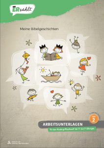 Bunte kindgerechte Illustration mit Kindern, die Bibelgeschichten und kreative Aktivitäten im Zentrallager erfreuen, ideal für Kindergottesdienst-Unterlagen.