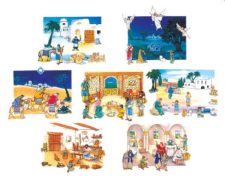 Zentrallager, Lagerhäuser und Szenen aus dem orientalischen Kontext, lebendige Illustrationen von Märkten, Handel und Alltag im mittelöstlichen Umfeld, detailreiche Darstellungen verschiedener Aktivitäten.