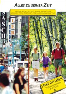 Straßenansicht mit Ladenfronten und Passanten in einer belebten Innenstadt, kombiniert mit einer Familie beim Spaziergang im grünen Wald, symbolisiert Alltags- und Naturerlebnis für eine vielfältige Lebenswelt.