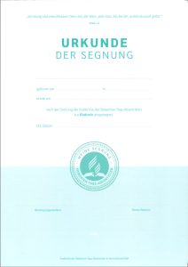 Zentrallager, Evangelischer Diakon - Urkunde der Segnung für Siebenten-Tags-Adventisten, symbolische Dokumentation, geistliche Zeremonie, Schutz, Gemeinschaft, christliches Ritual, Symbol der Glaubensgemeinschaft, Zertifikat, geistliche Segnung, christliches Dokument, Erinnerungskarte, religiöse Zertifizierung.