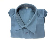 Saubere, gebügelte blaue Geschäftskleidung, Hemd mit Kragen, Knopfverschluss, Lageraufnahme.