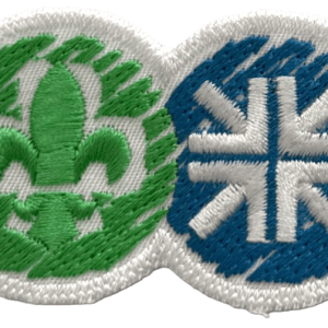 - Green and blue embroidered patches featuring a frog and a snowflake, symbolizing nature and winter themes.