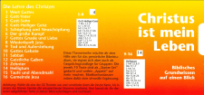 Alt Text: Zentrallager Bild mit bibelbezogenen Themen und Titel "Christus ist mein Leben" auf gelb-orange Hintergrund.