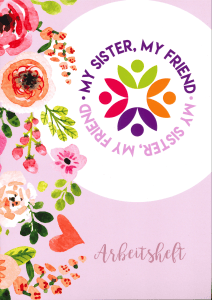 Blumenmuster mit Herz, Freundschaftssymbol, auf pinkem Hintergrund, für Kinder- oder Freundschaftstheft, kreativ gestaltet, mit bunten Blumen und einem farbenfrohen Logo.