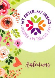Blumenmuster mit Herzen und Logo "Meine Schwester, mein Freund" für Anleitung im Zentrallager Advent-Verlag, liebevoll gestaltet, Freudenthema, farbenfrohes Design, ideal für kreative Projekte und Anleitungen.