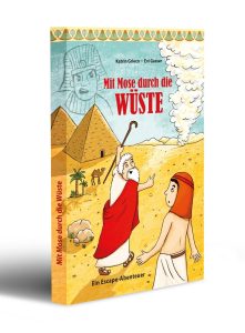 Abgebildetes Kinderbuch "Mit Mose durch die Wüste" mit Illustrationen von Mose, im historischen ägyptischen Kontext, Pyramiden im Hintergrund, für Kinder, passend zum Thema biblische Geschichten, Abenteuer, Religion, Kinderliteratur, Bildung, Palmen und Wüste.