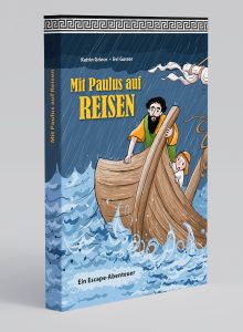 Abenteuergeschichte mit Paulus auf einer Regenfahrt, lebendige Illustration, Seefahrt, Kinderbuch, Wasser, Sturm, klassische Segelschiff-Ästhetik, Entdeckungsreise.