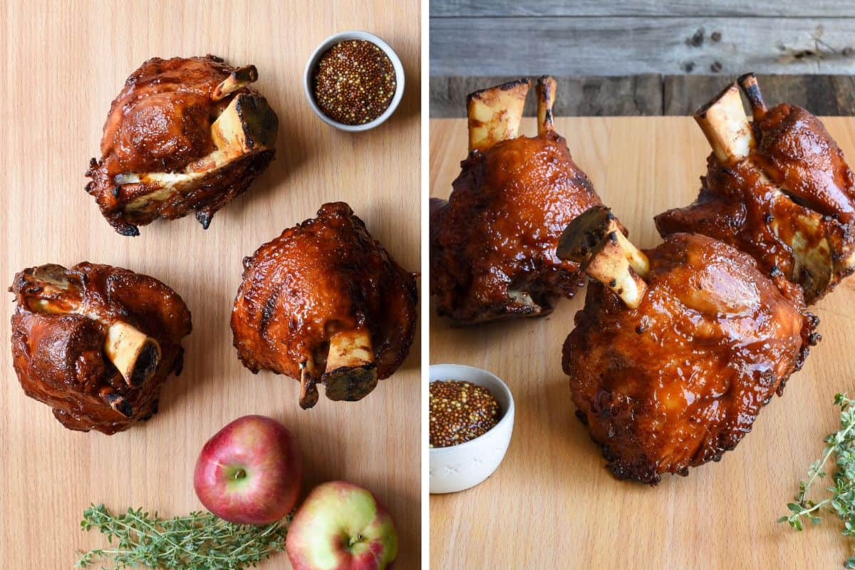 Three glazed BBQ pork hocks served with grainy mustard.