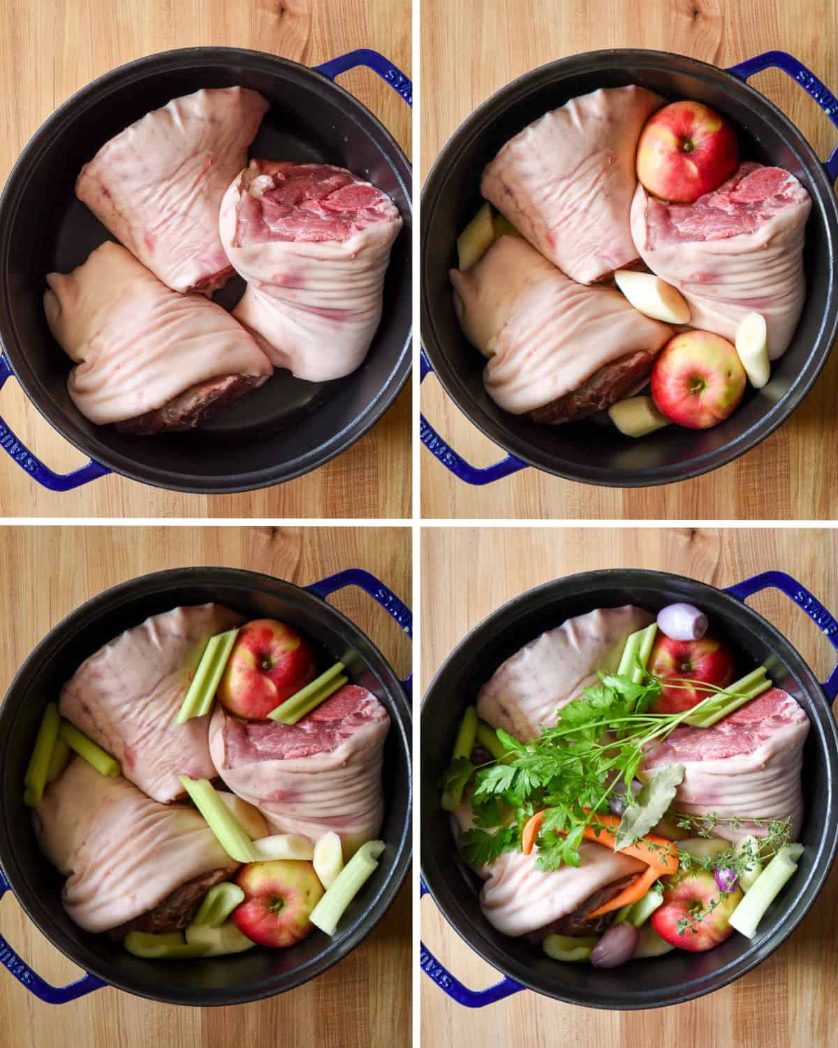 Prepare the braise with apples, clove-studded onion, carrots, celery, parsley, thyme, and bay leaves. Cover with cold water and add the sea salt.