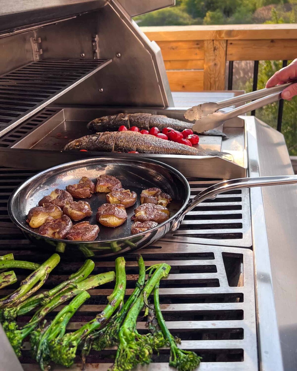 Grilled branzino served with roasted tomatoes, smash potatoes and grilled broccolini.