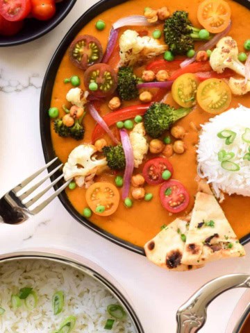 A dish of roasted vegetable curry.