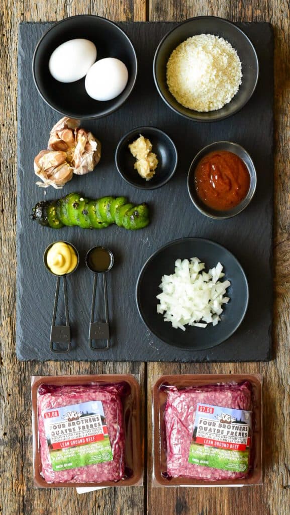 Local Ontario ingredients laid out to make beef burgers.