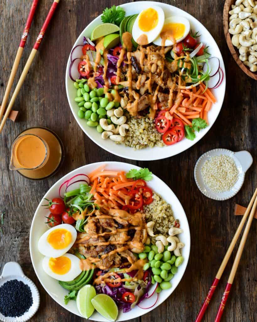 Two Leftover Chicken Grain Bowls with Peanut Sauce.