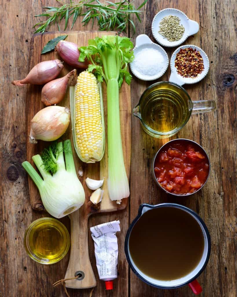 Ingredients for cioppino stew broth.