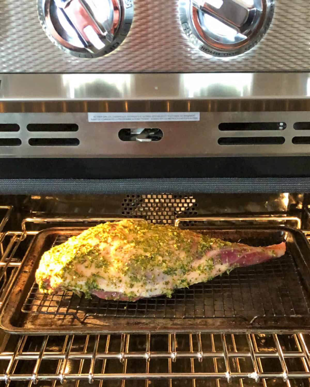 Roast lamb in the middle of the oven.