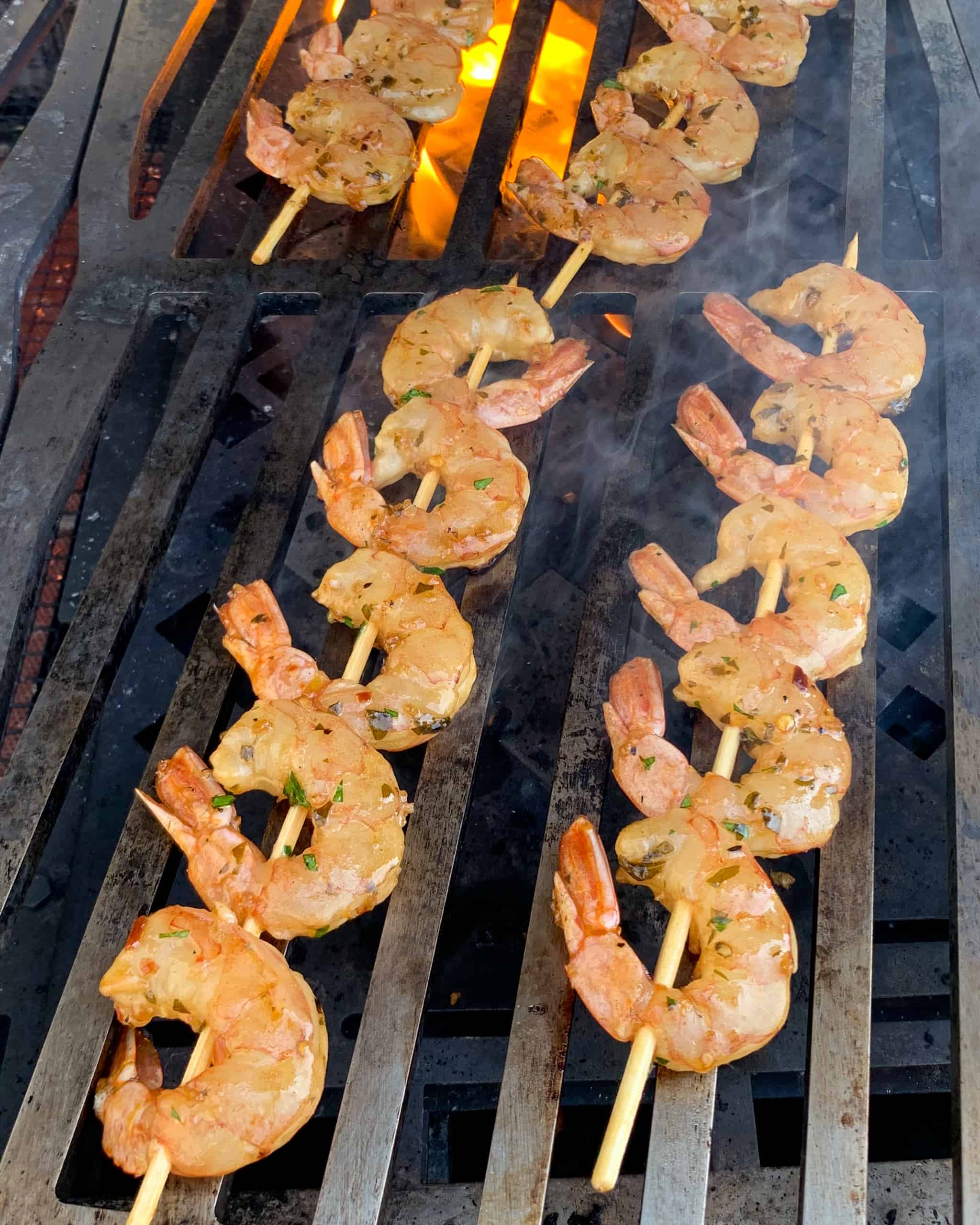 Shrimp skewers on the grill.