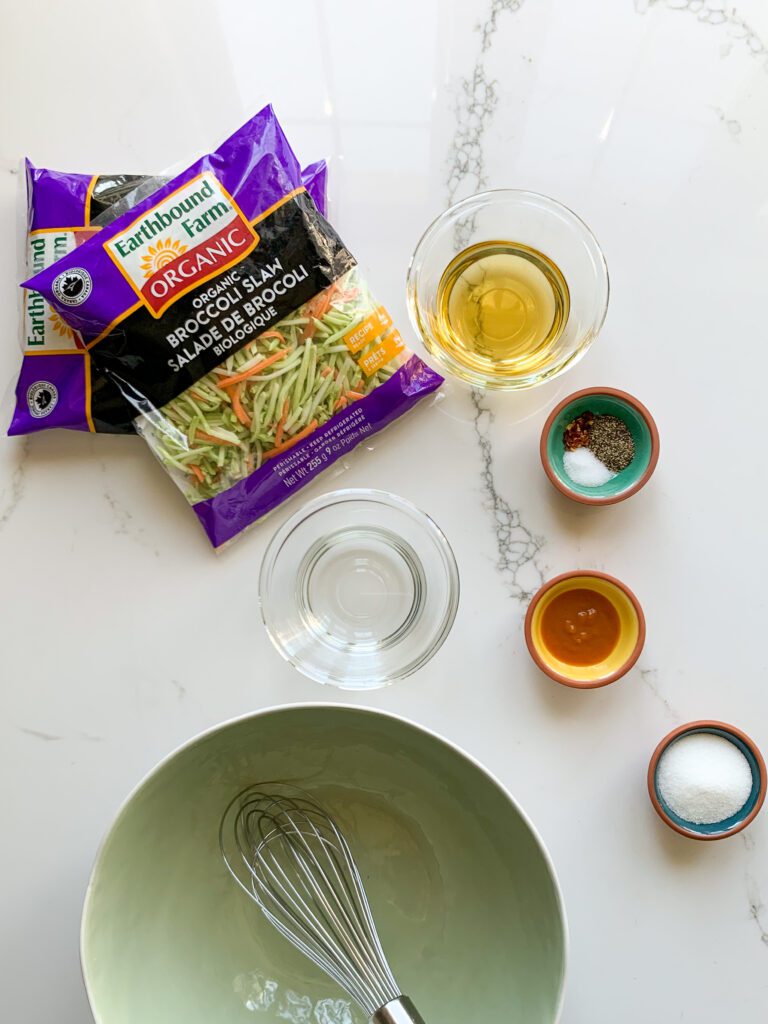A top down image of ingredients for my Earthbound Organic Broccoli Slaw with Cider Dressing recipe.