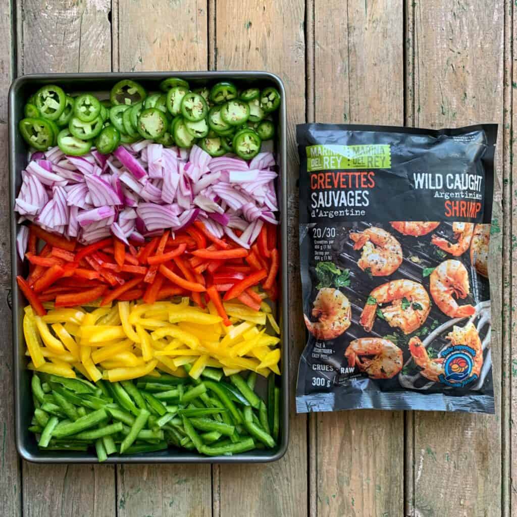 Wild Argentinian Shrimp and vegetables laid out to make fajitas.