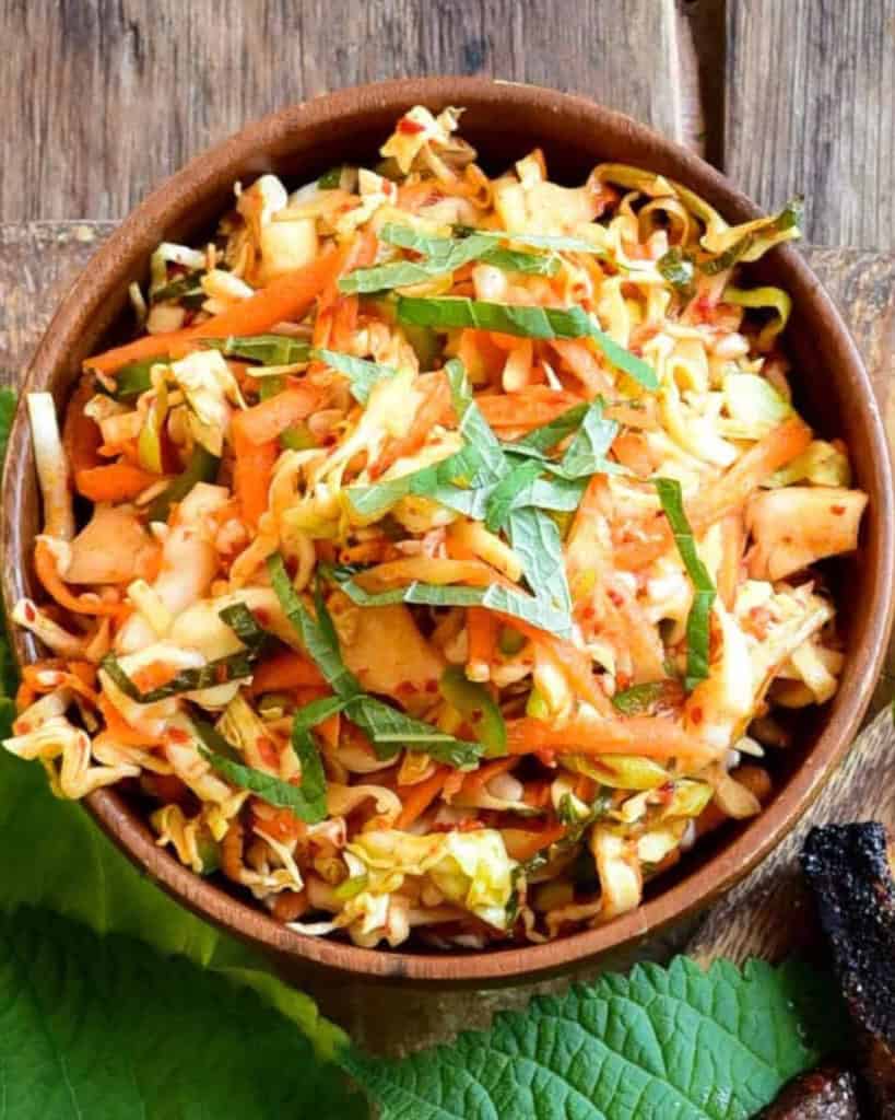 A bowl of spicy Korean coleslaw.