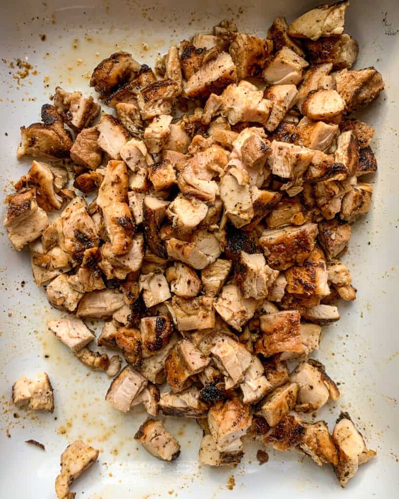 Grilled chicken thighs cut into bite sized cubes.