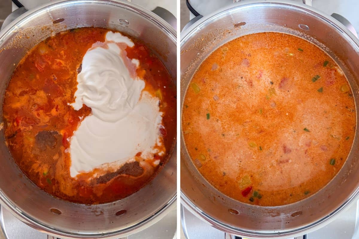 Add the chicken broth, coconut milk, fire-roasted tomatoes, cumin and ancho chili powder. Season with salt and pepper. Bring to a gentle boil, then reduce heat to a steady simmer.