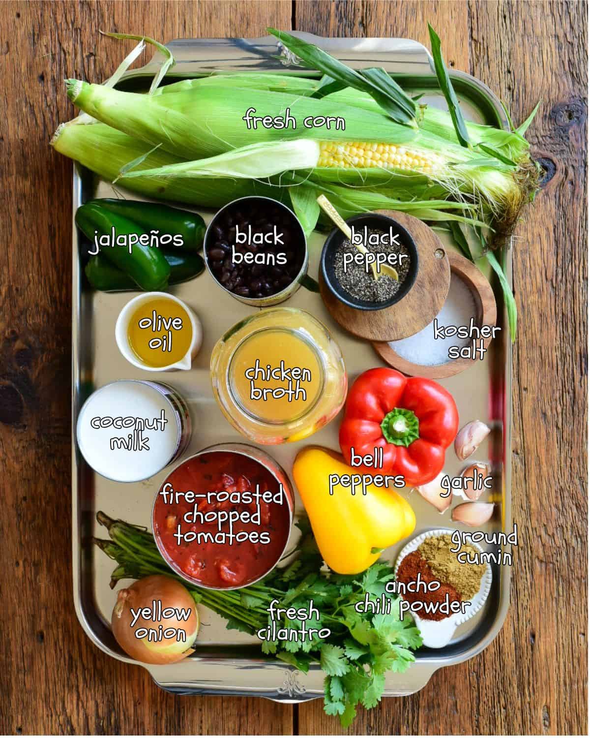 Ingredients for a chicken and corn soup recipe.