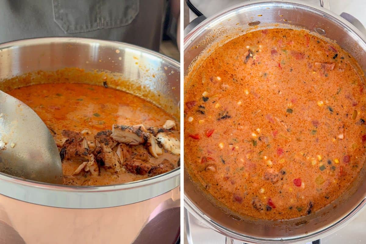 Stir the grilled chicken pieces into the pot of Mexican corn soup.