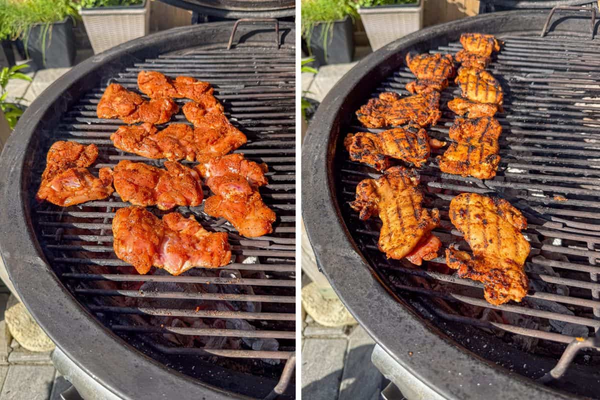 Grilling chicken thighs over a charcoal BBQ, before and after images.