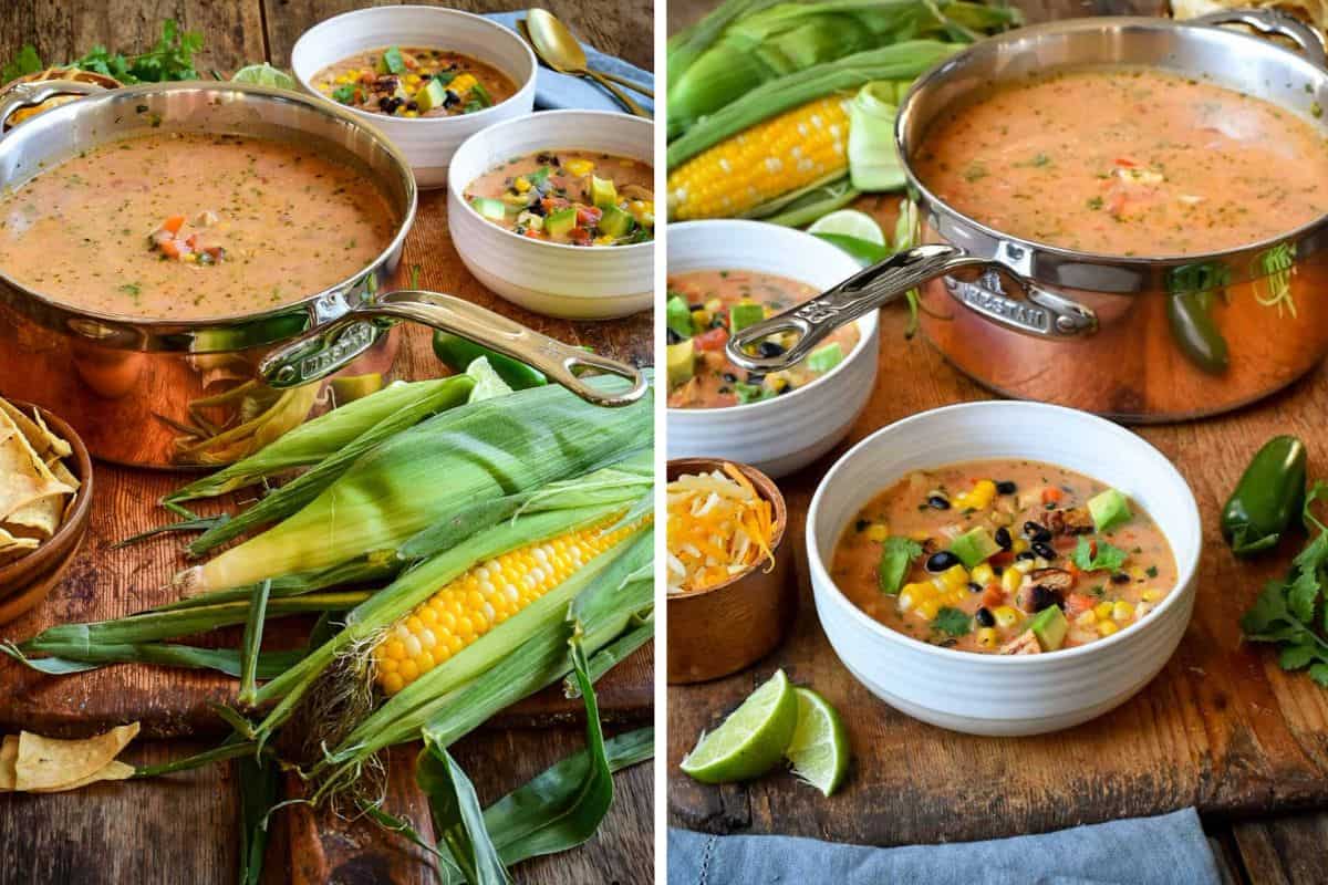 These are final images of the corn and chicken chowder in two bowls and a copper pot with fresh corn and extra topping around them.