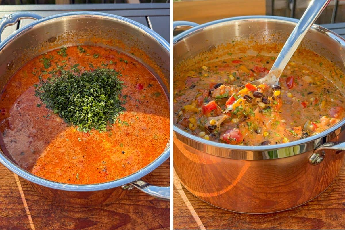 Remove the pot of corn and chicken chowder from the heat and stir in the chopped cilantro.