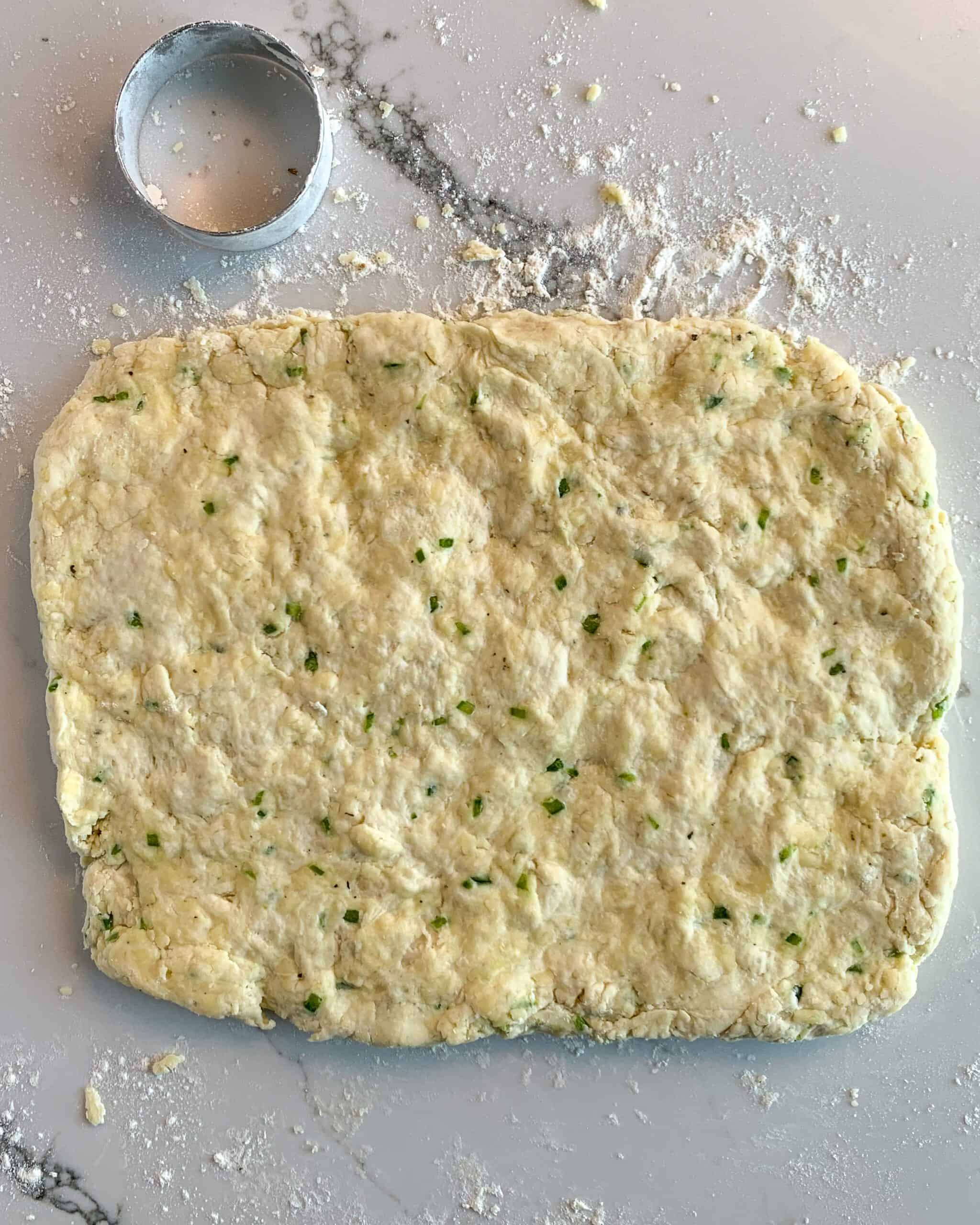 An image of dough flatten out in a rectangle.