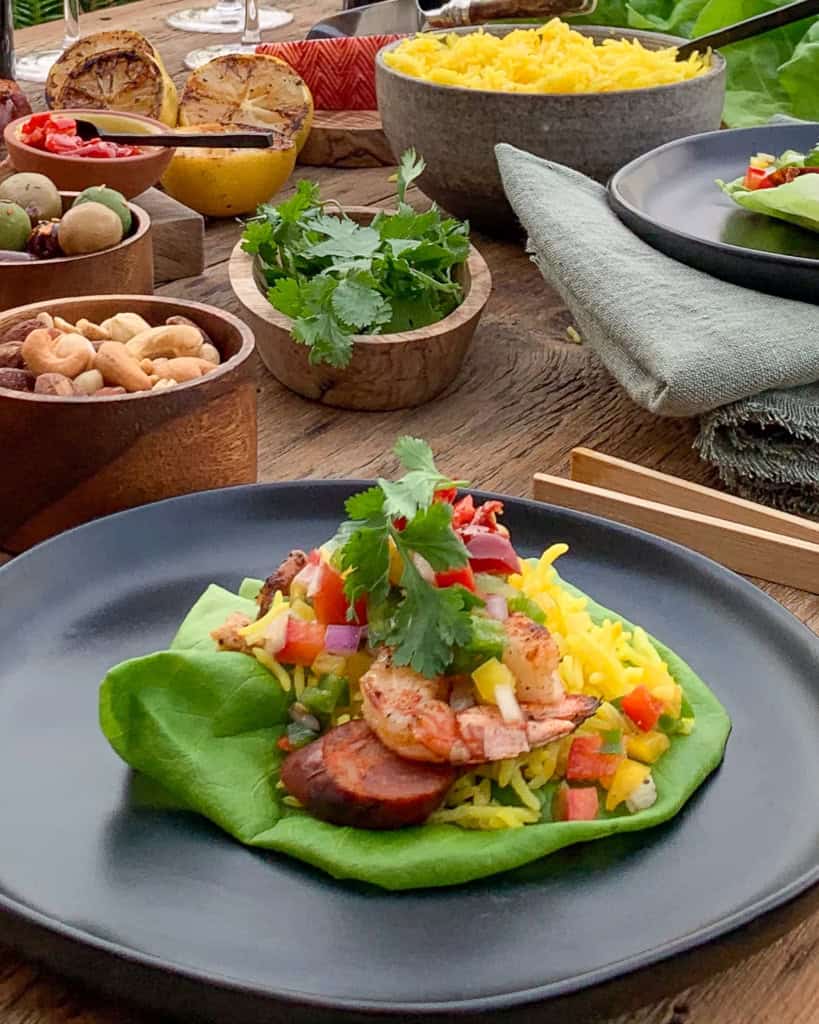 A shrimp, sausage and rice lettuce wrap.