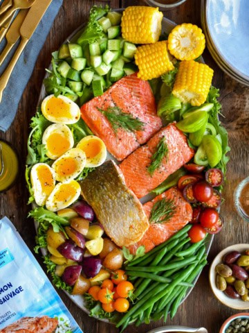 A platter of a Niçoise Inspired Salad with Wild Sockeye Salmon