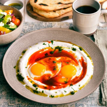A plate of Turkish Turkish-inspired eggs (Çılbır) with pitas, salad and coffee on a table.