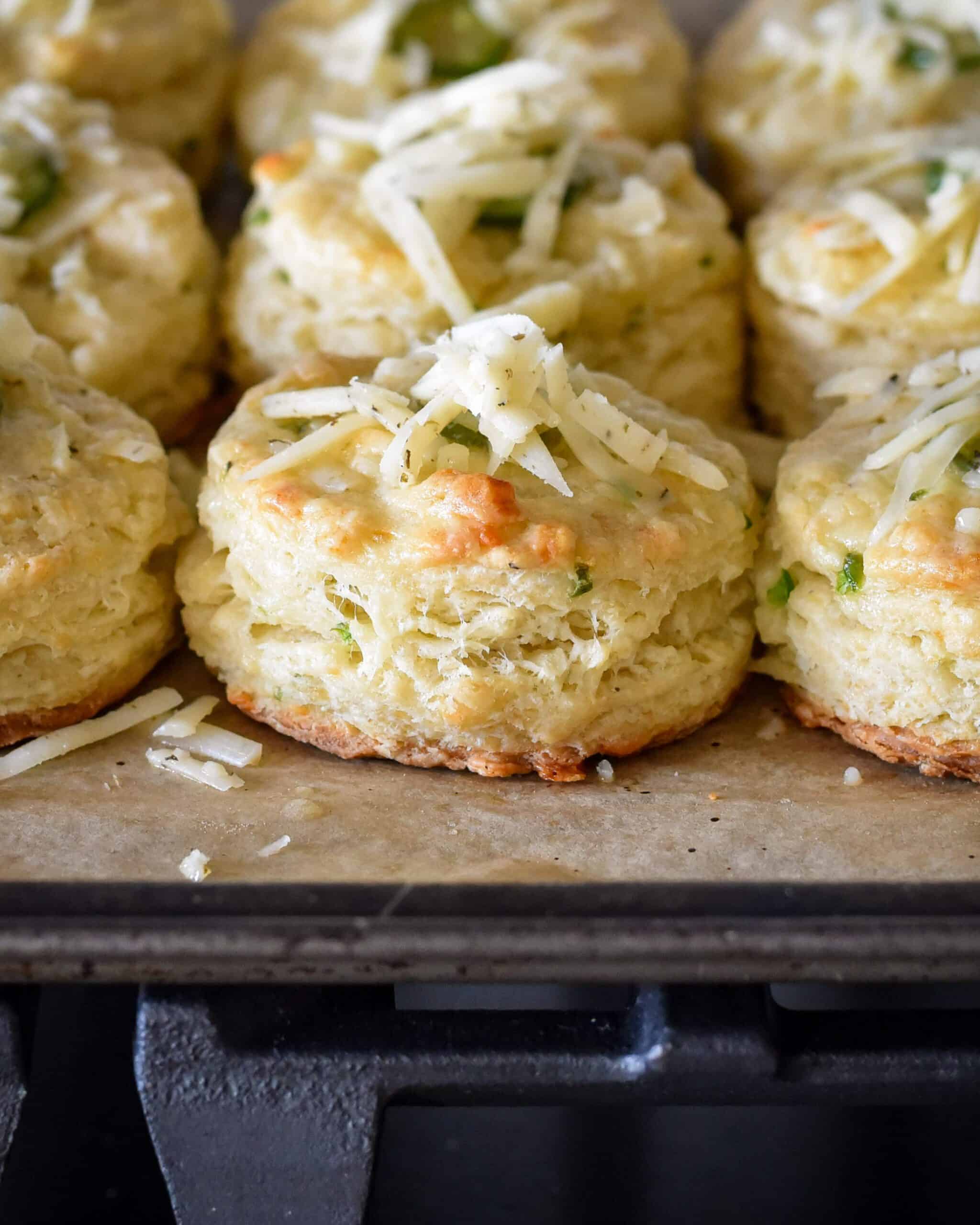 A side view of jalapeno biscuits with shredded cheese added