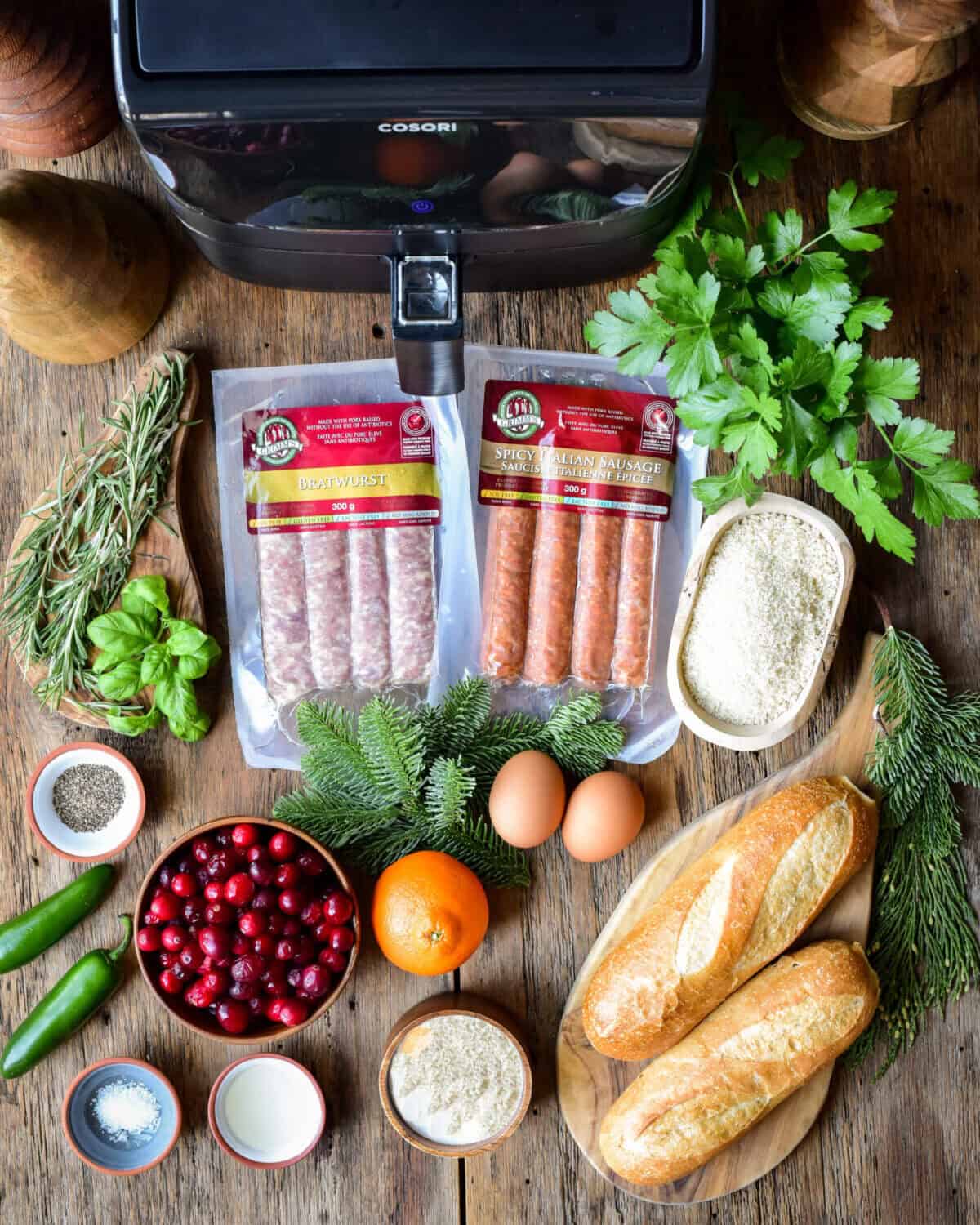 A top down image of an air fryer and the ingredients used to make these meatballs.