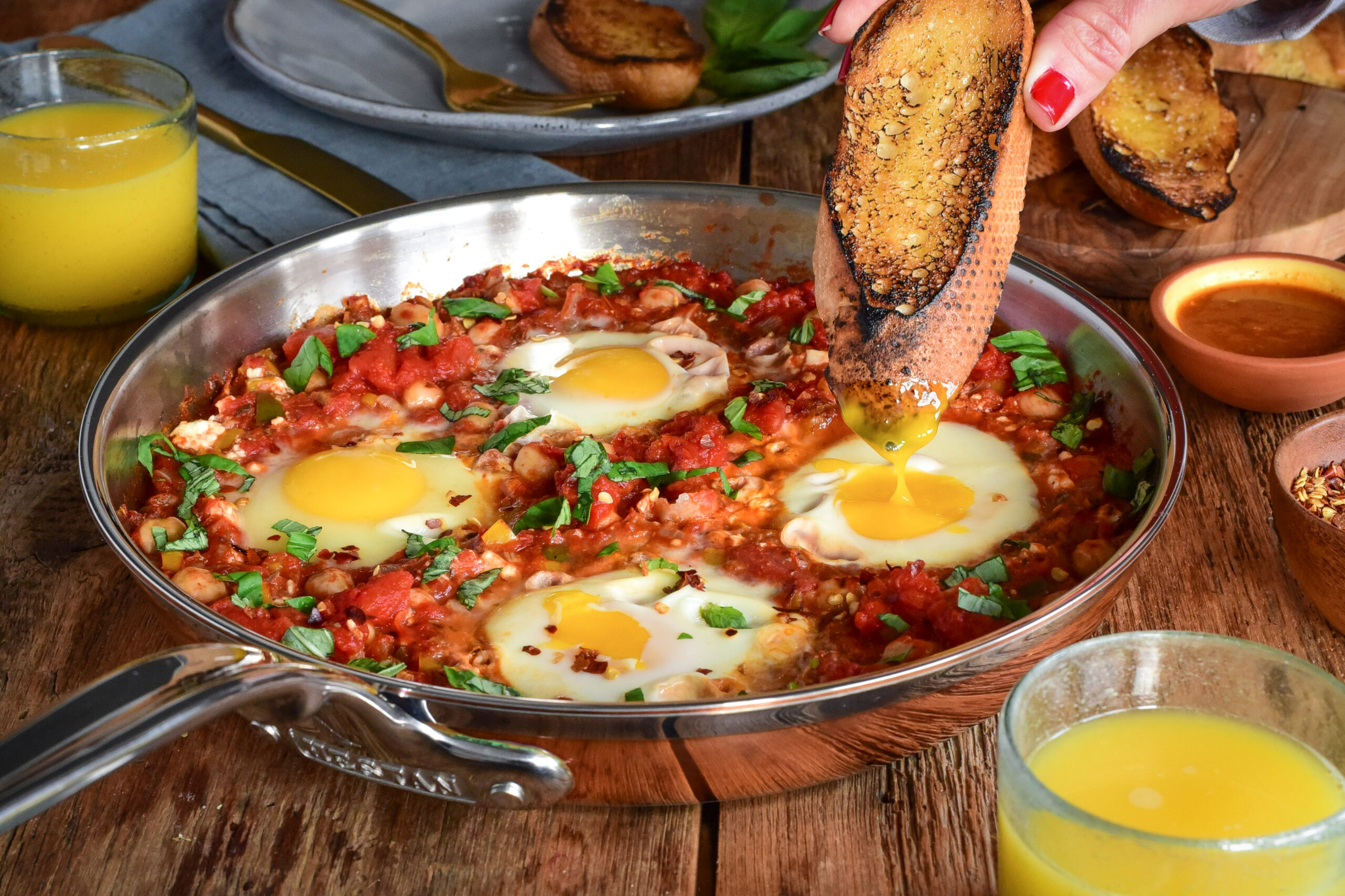 Use toast to dip the eggs.