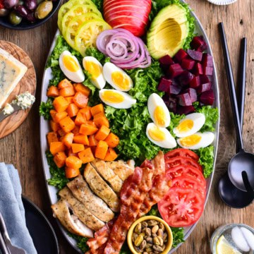 A top-down image of a colourful winter Cobb salad.