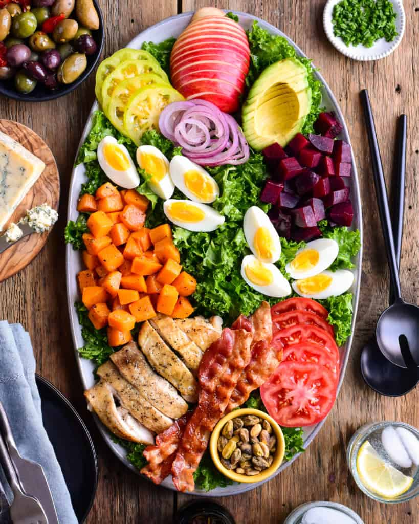 A top-down image of a colourful winter Cobb salad.