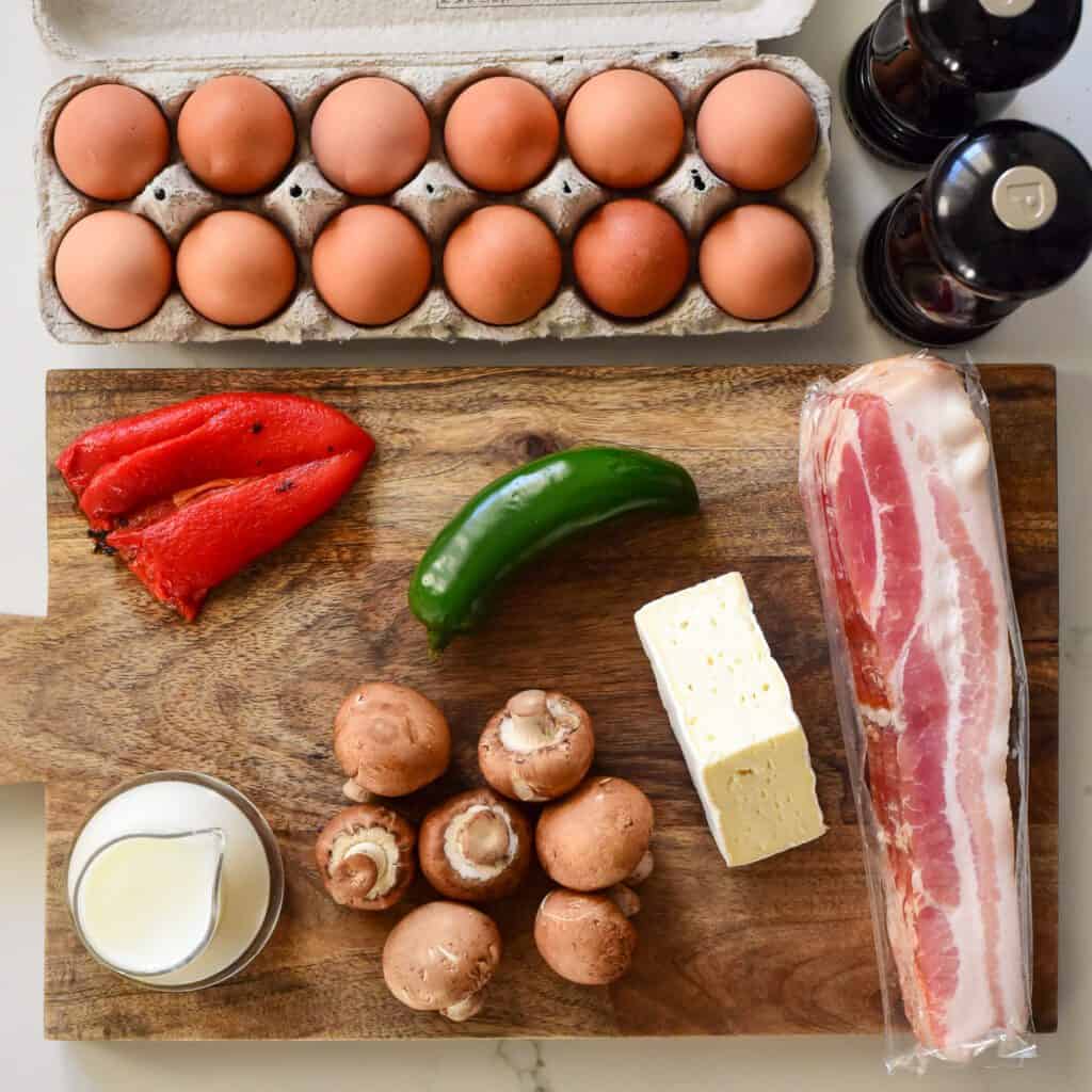 Ingredients for a Crustless Quiche with Bacon, Mushrooms & Jalapenos.