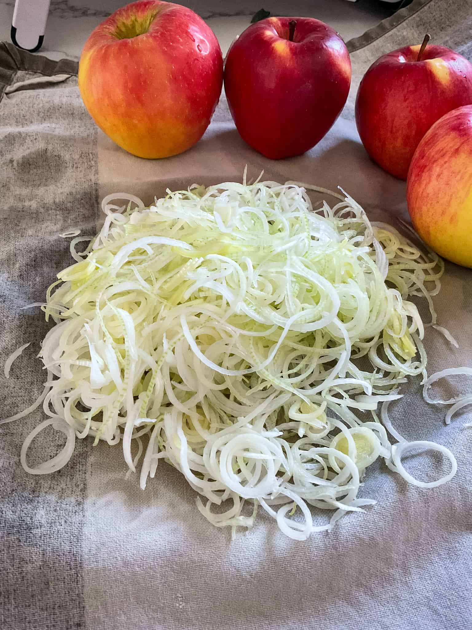 Leek thinly sliced on a mandolin, white and light green parts only, washed, and dried